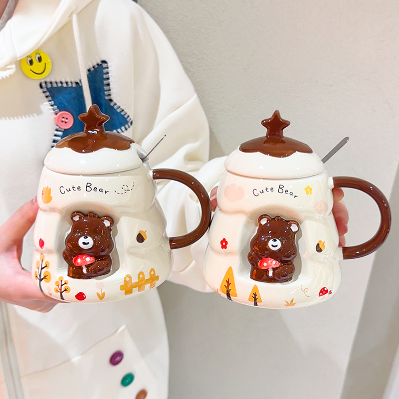 高颜值陶瓷水杯可爱小熊带盖勺女生家用奶fufu马克杯办公室咖啡杯