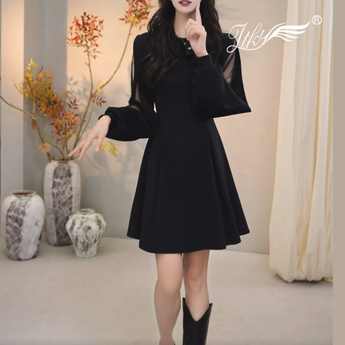 法式秋冬款洋气百搭小黑裙高级感千金风收腰显瘦韩版气质中长款裙 - 图2