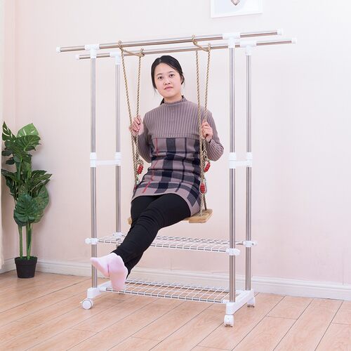 不锈钢晾衣架落地折叠双杆式双层可移动家用阳台卧室伸缩晒挂架子 - 图1