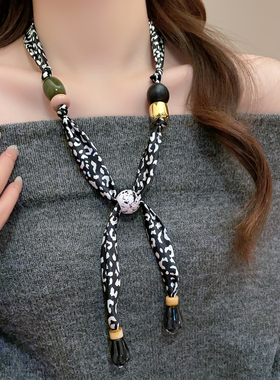 美拉德豹纹丝巾项链女