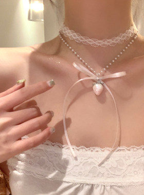 纯欲蕾丝蝴蝶结草莓珍珠锁骨链女