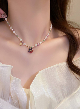 日韩彩色串珠花朵项链女