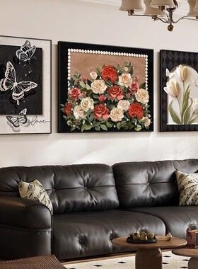 法式中古风客厅装饰画玫瑰花蝴蝶三联壁画黑白复古沙发背景墙挂画