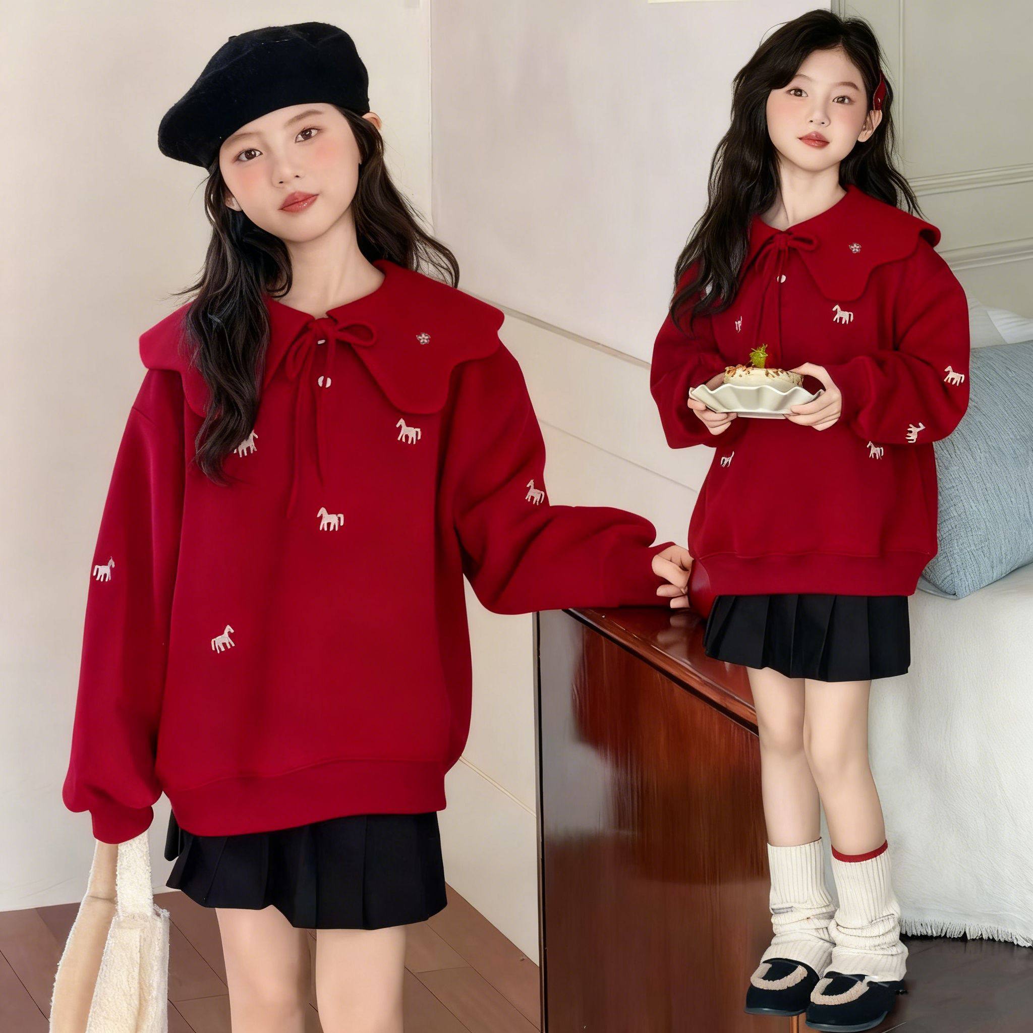 甜美女童绣花小马卫衣2026加绒加厚本命年拜年服上衣娃娃领公主风,淘宝优惠券,粉丝福利购,淘宝优惠卷