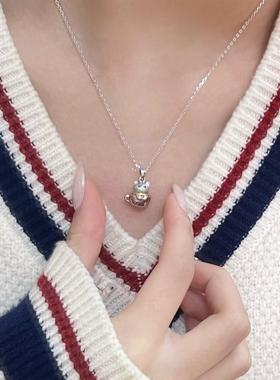 S925纯银立体茶杯小猫吊坠项链女童趣猫猫头甜美可爱小清新锁骨链
