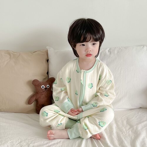 儿童四季纱布睡袋宝宝四层六层连体睡衣男女纯棉分腿防踢被家居服 - 图0