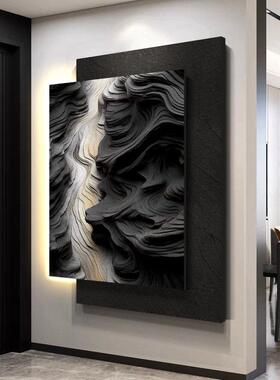 高级感玄关装饰画抽象黑白灰轻奢走廊挂画立体砂岩正对门入户壁灯