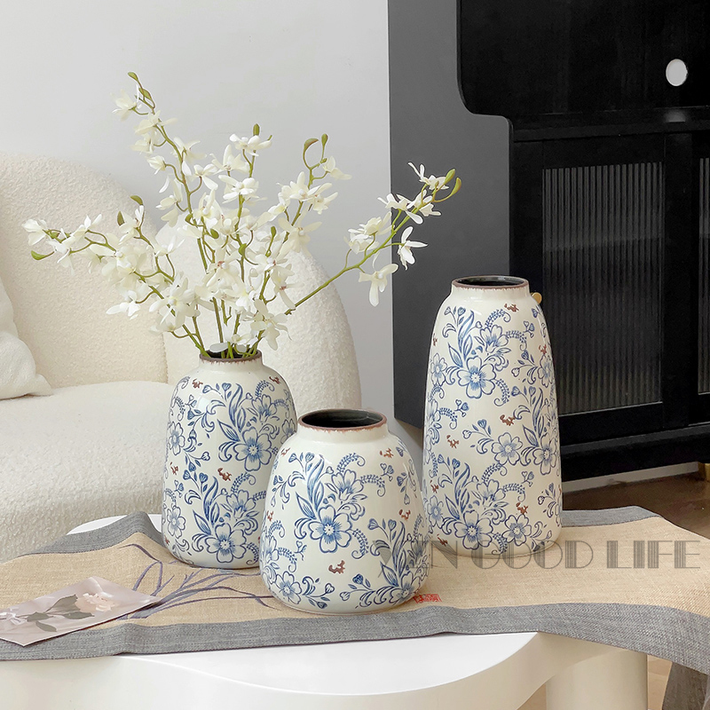 新中式青花瓷花瓶陶瓷复古风水养插花餐桌客厅茶室装饰器皿高级感