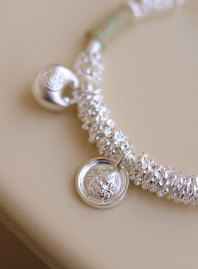 999足银纯银手工银盘缠黄财神胖福袋推拉调节银手镯子轻奢中国风