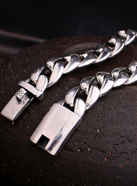 S925纯银简约朋克光身光面银手链男士韩版时尚情侣刻字泰银复古潮