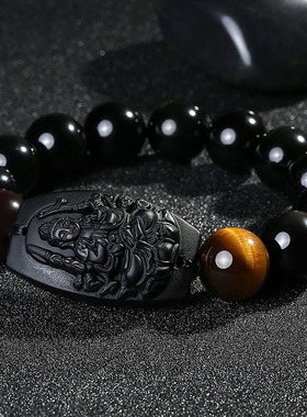 天然黑曜石手链本命佛十二生肖守护神普贤虚空藏大日如来