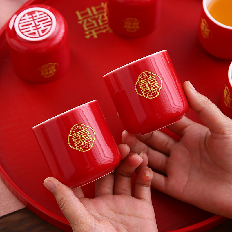 陶瓷单杯结婚茶具新娘敬茶杯功夫品茗杯描金红色双喜中式婚庆托盘,淘宝优惠券,粉丝福利购,淘宝优惠卷