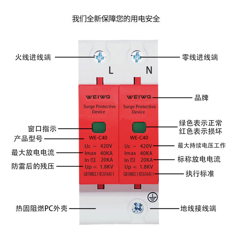 浪涌保护器2P家用电源避雷器4P60KA三相四线防雷电涌模块开关光伏 - 图0