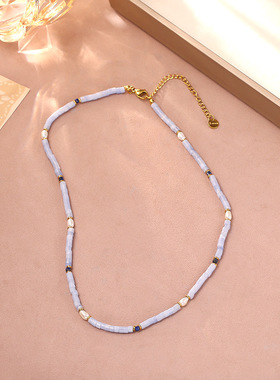 天然淡水珍珠拼接紫色天然石串珠项链小众设计时尚气质通勤锁骨链