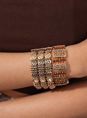 欧美跨境中古风镶钻多层弹力手链轻奢感手环时尚个性夸张手饰