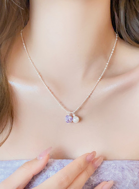 紫色单颗圆形锆石串珍珠项链女2026新款轻奢小众锁骨链感颈链