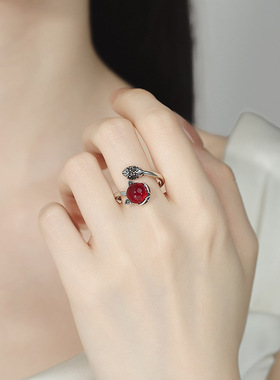 复古感泰银红宝石狐狸戒指女石榴石时尚指环网红同款开口指环