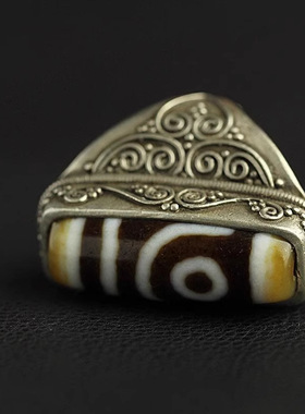 藏式古传统老工艺天珠戒指男女西藏复古二眼大号镶嵌开口指环首饰