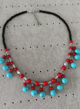 云南民族风短款项链复古藏族蒙古少数民族服饰仿红蓝松石锁骨链女