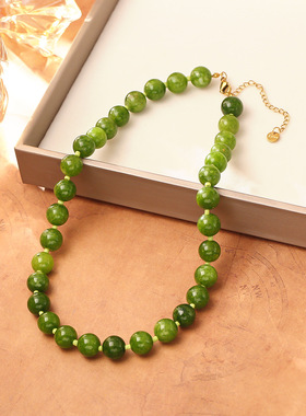 牛油果绿色天然石圆珠项链女轻奢感时尚玛瑙串珠颈链手链套装