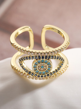 澳古 欧美跨境热销时尚复古铜镀18K金锆石镂空恶魔之眼开口戒指女