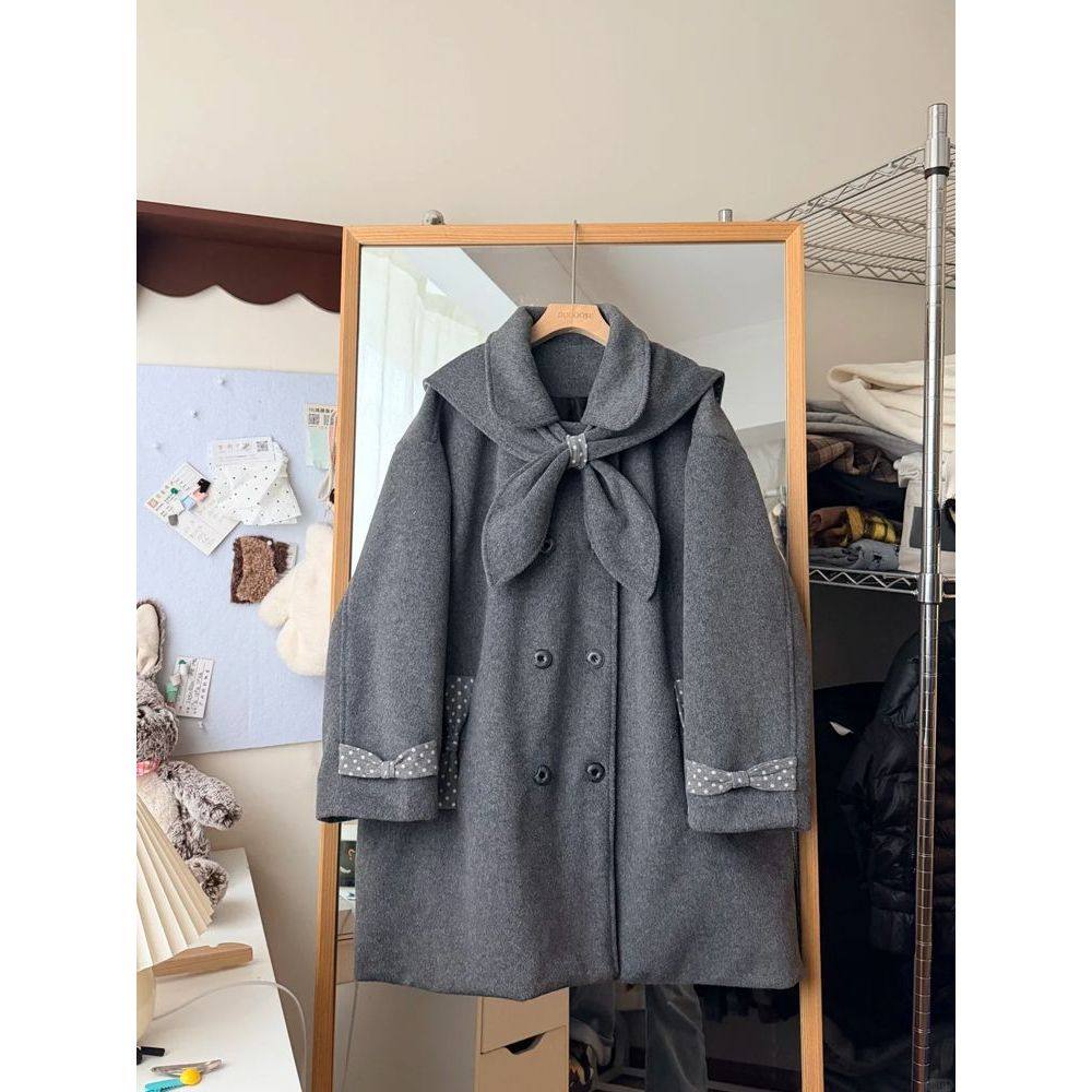 星结海灰 可拆卸兔耳小披肩+灰色毛呢外套两件套冬季新款学院风女,淘宝优惠券,粉丝福利购,淘宝优惠卷