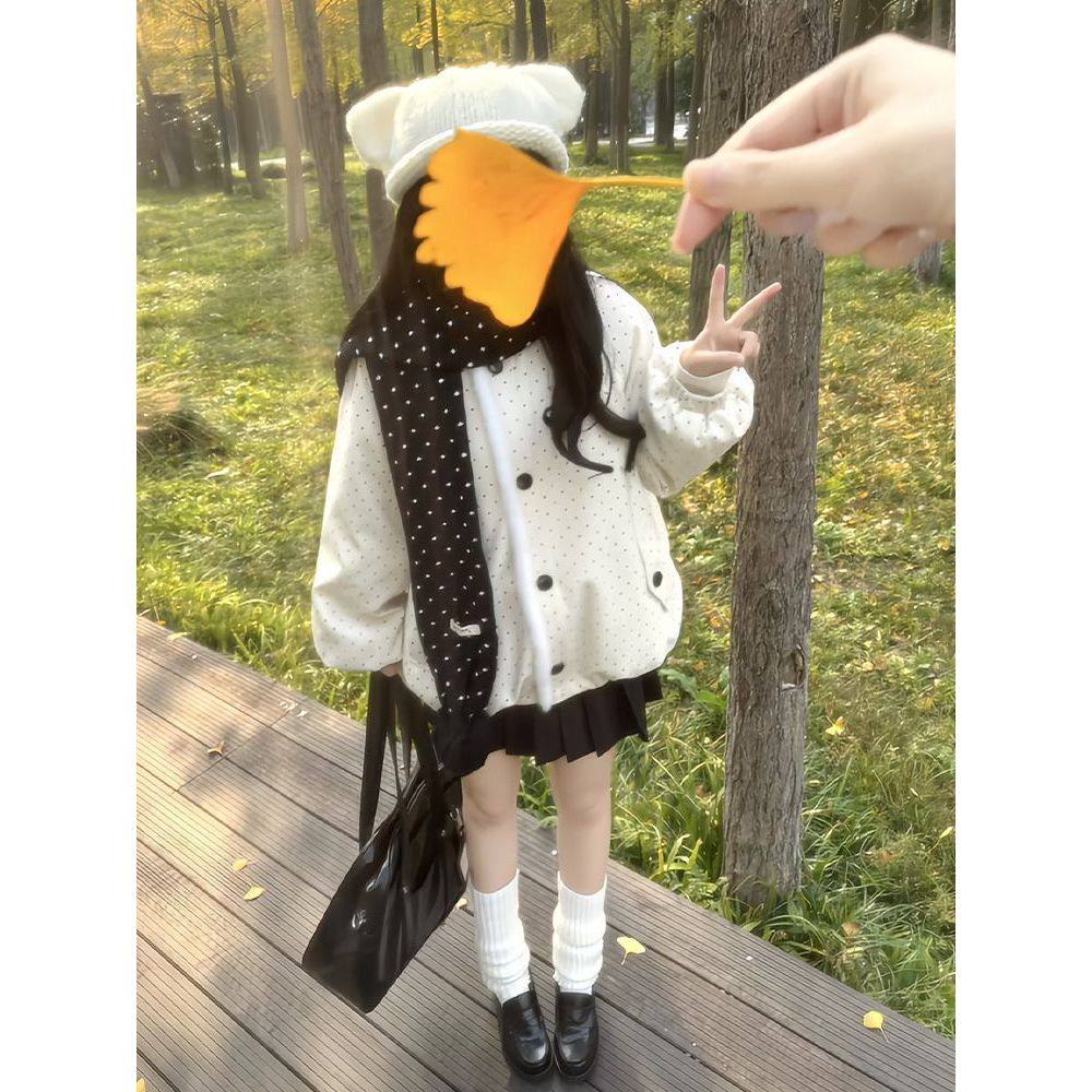 波点新款杏韵甜系可爱少女波点毛呢外套校供感K短裙围巾三件套,淘宝优惠券,粉丝福利购,淘宝优惠卷