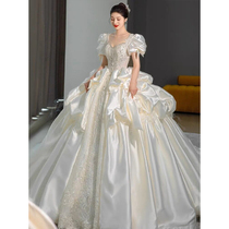 Satin Staple Wedding Dress Bride 2023 New Heavy Work Advanced Texture Style Fugitive Princess Retro Grand Tug Lavish