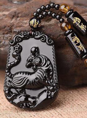 黑色玻璃十二生肖吊坠仿黑曜石男士时尚项链礼品饰品项链