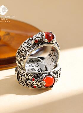 仿藏银复古六字真言金蟾戒指内刻心经小众开口戒指服饰首饰