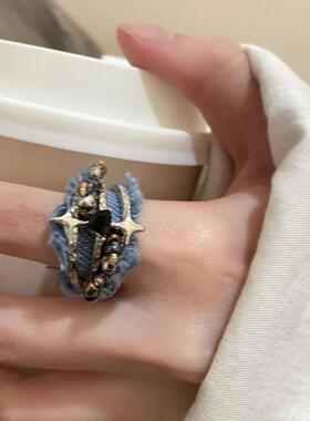 牛仔辣妹爱心四芒星戒指个性小众独特百搭开口食指戒复古轻奢指环