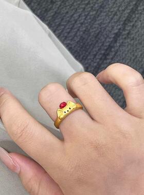 卡通金色复古红苹果小猫戒指可爱简约时髦洋气高级感小众独特戒指