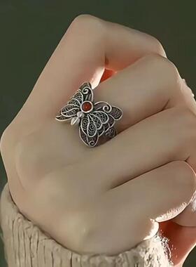 新品复古镂空南红蝴蝶戒指花丝镂空做旧新中式女掐丝小众可调节