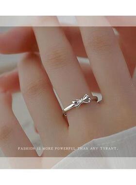 新款银色蝴蝶结戒指学生版轻奢ins风高级感百搭素圈食指戒可调节