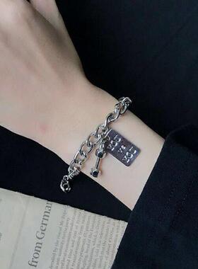 欧美个性嘻哈链潮人男女复古YOU哑铃方牌手链 百搭时尚朋克风手链
