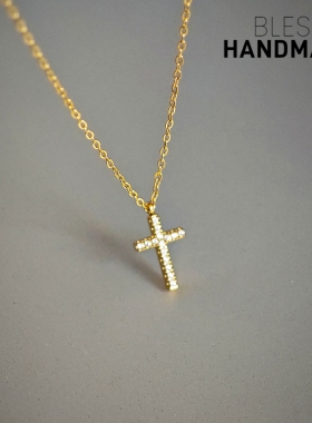 不掉色锆石十字进口14K金色项链