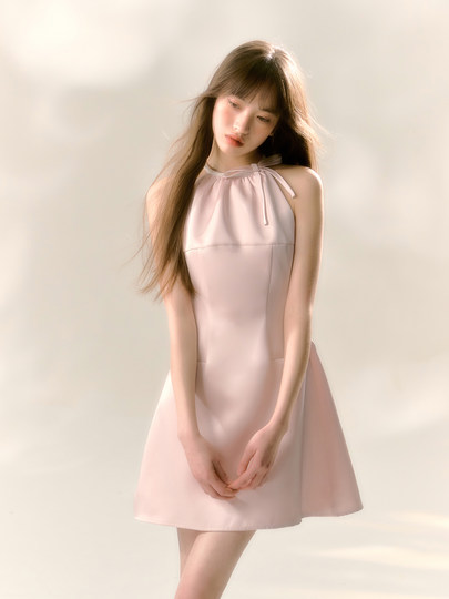 Pink satin glossy pearl halter neck dress