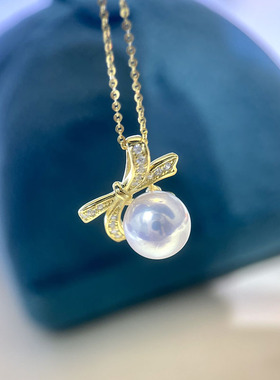 女S925纯银可爱蝴蝶结珍珠吊坠