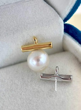 DIY珍珠配件新款S925纯银一字型光面吊坠空托时尚简约精致显气质