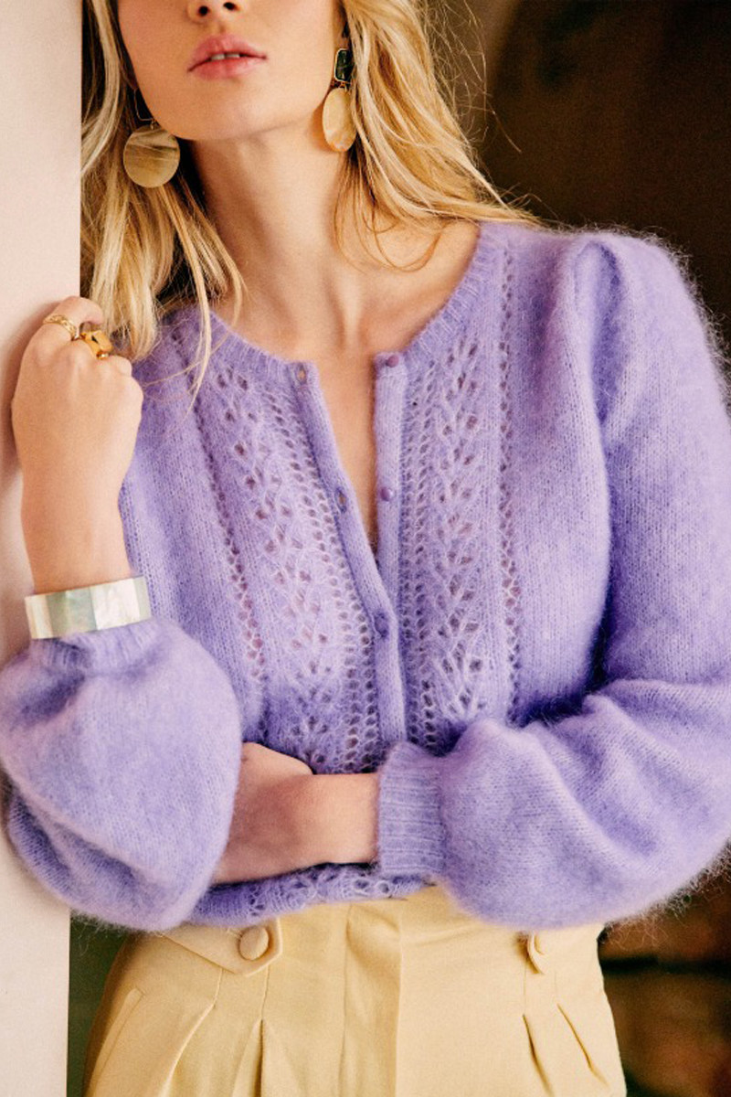 针织开衫春季新款女短款薄款软糯羊毛衫外套镂空外穿显法式紫色,淘宝优惠券,粉丝福利购,淘宝优惠卷