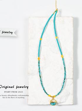 天然石绿松石蜜蜡鲸鱼吊坠项链锁骨链画风景国风设计款多圈手链女