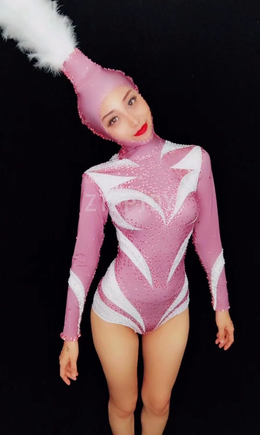 Cute pink White Rhinestone Leotard Women Sexy Stage Dance Co-图2