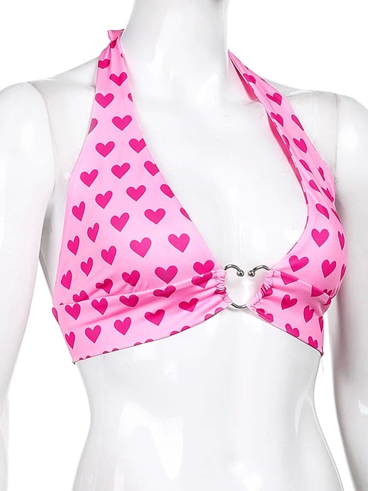 Pink Heart Print Cute Bustier Crop Top Women Aesthetic Kawai - 图3