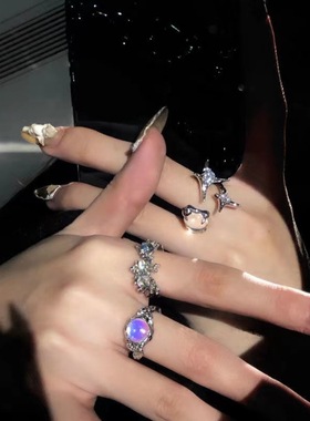 芒星闪钻月光猫眼戒指女小众设计感气质时尚个性不规则开口配饰潮