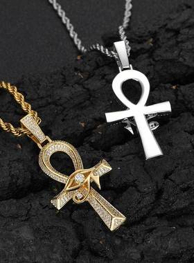 跨境欧美嘻哈荷鲁斯之眼安赫十字架吊坠微镶锆石复古个性项链配饰