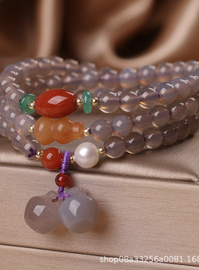 民族风手工串珠中式复古天然灰玛瑙手链女多圈叠戴苹果吊坠手串女