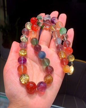 韦雪同款多宝水晶项链11-14.5mm大颗粒彩虹糖果色天然水晶项链