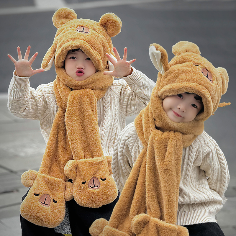 卡皮巴拉帽子围巾一体儿童手套女冬季捏耳朵会动的围脖小男孩冬天 - 图0