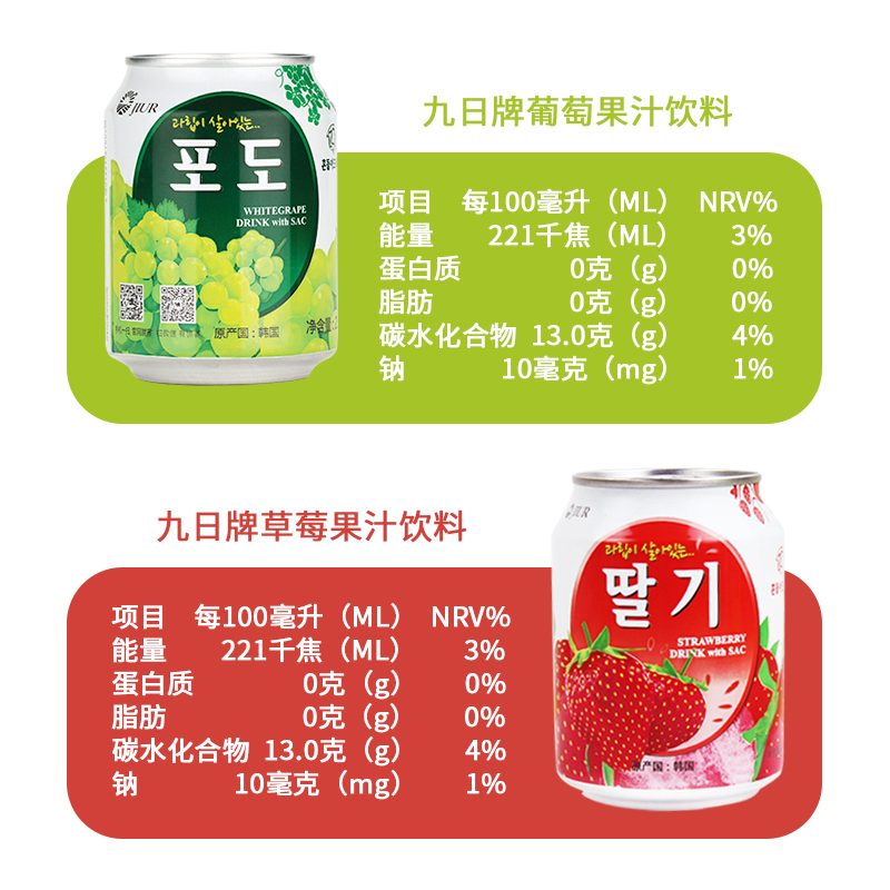 九日韩国进口果汁饮料 富含果粒果肉整箱多口味组合装 238ml*6罐 - 图2