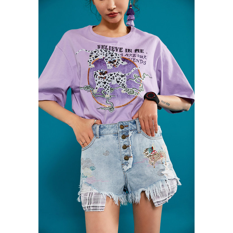 裂帛2020夏季新款复古国潮风短裤 裂帛立天牛仔裤